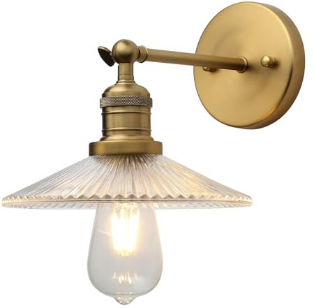 JIMUBEAM Industrial Vintage 1-Light Wall Light with Funnel Ribbed Clear Glass Shade, Indoor Wall Mounted Lamp for Living Room Bedroom Bathroom Over Kitchen Sink