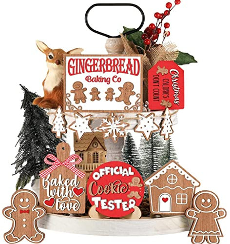 12Pcs Christmas Tiered Tray Decorations Set, Wooden Sign Xmas Tabletop Farmhouse Xmas Signs Rustic Tiered Tray Gingerbread Decor for Winter Home Office Party