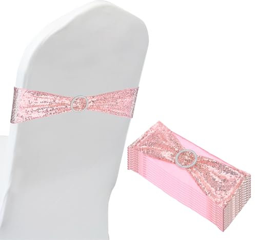PATIKIL 14x6 Stretch Chair Sashes Bows, 10 Pack Elastic Chair Bands Sashes with Buckle Slider for Wedding Banquet Decorations, Rose Gold