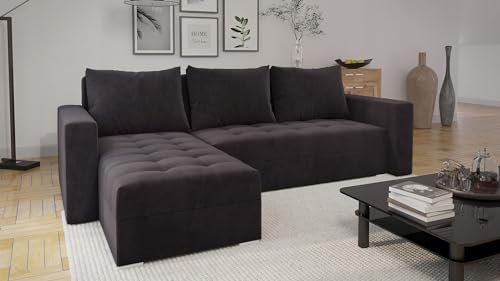 MODERNO Ecksofa mit Schlaffunktion und Bettkasten FORSET - Sofa mit 3 Sitzen und Robusten Überzug - Schlafcouch L-Form Universal - Modern Couch 235x145x86 cm - Ecke Graphit