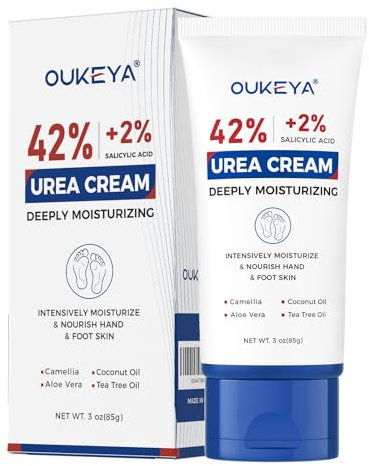 OUKEYA Urea Creme 42% mit 2% Salicylsäure, Fusscreme Feuchtigkeit & Reparatur für Trockene, Füße, Fersen, Knie, Urea Handcreme für Hände, Fußcreme, Hornhautentferner, Tote Haut, Leicht Mitzunehmen,85g