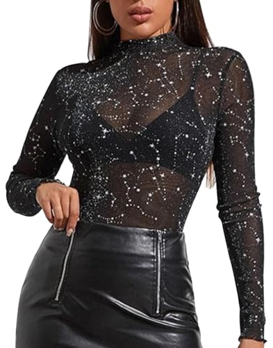 Genomskinlig Mesh Skjorta, Genomskinlig Stjärna Glitter Toppar, Sexiga Mesh-Toppar, Dam-Mesh Toppar, Transparent Glitter, Sexig, Glitter, Rund hals, Långa Ärmar För Karneval, Fest