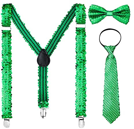 Generisch Pailletten Hosenträger Set, Glitzer Pailletten Fliege, Binden und Hosenträger Set, Einstellbar Elastisch für Herren Damen Karneval Mottoparty Kostüm Jazz Dance Show Party Zubehör