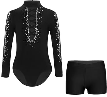TiaoBug Maillot De Ballet Danza Niño Leotardo De Patinaje Artístico Y Leggings Cortos Mono De Deportivo Ropa De Baile Competición Negro 9-10 años
