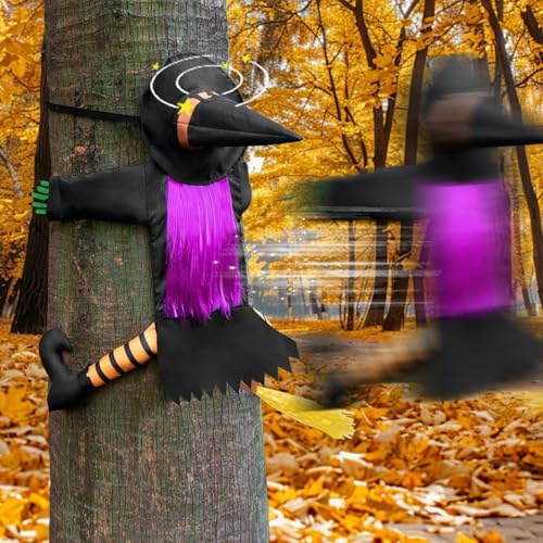 Qivine Halloween Witch Crashing into a Tree Decor, 100cm Halloween Decorations Outdoor, Cute Witch Tree Hugger, Easy to Assemble, Durable Against Wind & Rain, for Door Porch, Yard, Garden, Tree
