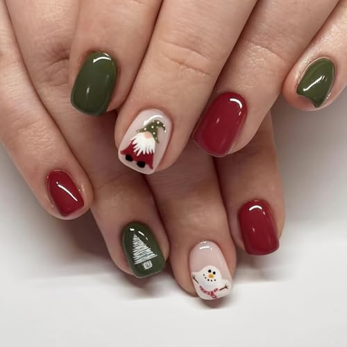 24PCS Christmas Themed Design Press On Nails, Fake Nails with Snowman Santa Claus Christmas tree Designs in Red & Green Stick On Nails Manicure Kits for Christmas Nail DIY, Reusable False Nails