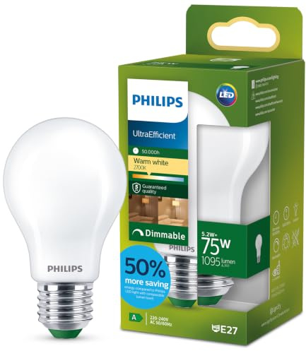 Philips LED UltraEfficient Frosted A60 Glühlampe, E27 Edison-Schraube, Energieklasse A, 1095 lm, entspricht 75 W, Warmweiß (2700 K), dimmbar, EyeComfort, 50.000 Stunden, 1 Packung