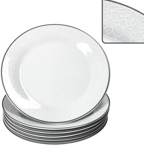 MamboCat 6er Set Venedig Kuchenteller I Ø 20,5 cm I weißes Elegantes Porzellan Geschirr I 6 Personen I Frühstücksteller mit Relief in Kieselstein-Optik I Dessertteller, Salatplatte