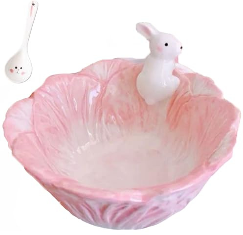 Generisch Keramik-Schüssel in Hasenform, Kawaii-niedlich handbemalt Osterhasen-Design Salatschüsseln Teller (Rosa Schüssel)