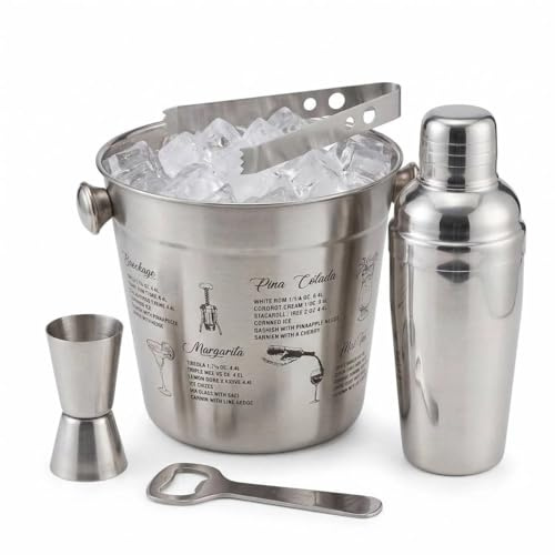 URBNLIVING 5-Piece Stainless Steel Cocktail Set – Ice Bucket, Shaker, Double Jigger, Tongs & Bottle Opener – Complete Home Bar Mixology Kit for Parties and Entertaining