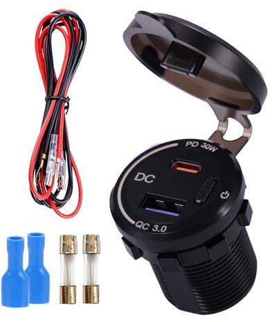 Vexnaro Cargador USB Coche 12V 24V con Interruptor, Toma USB Doble Puerto con Cable 60 cm y 2 Fusibles, Cargador Rapido para Movil Tablet GPS, Enchufe para Coche Barco Autocaravana Impermeable