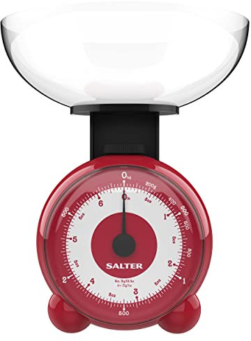Salter 139 RDDRA Orb Balance de Cuisine Mécanique avec Bol, Pèse Alimentaire avec Affichage Aiguille Facile à Lire, Design Peu Encombrant et Compact, Capacité 3KG, Sans Pile, Rouge