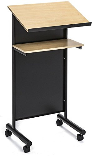 Audio-Visual Direct Wheeled Lectern with Storage Shelf - Beech/Black - Compact Standing Desk for Reading - LapTop Stand