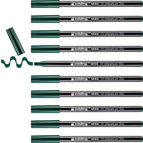 edding 1255 calligraphy pen - bottlegreen - box of 10 - calligraphy nib 5 mm - fibre pen for paper, wood, terracotta, canvas - hand lettering, bullet journals, thank you cards, calligraphy books