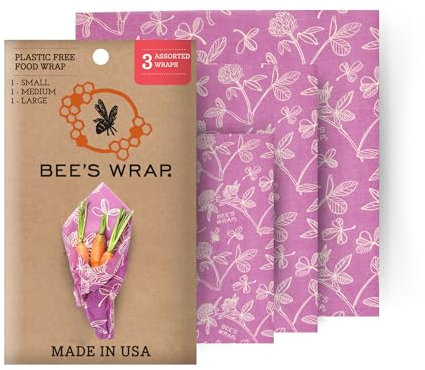 Bee's Wrap Set mit 3 Packungen in verschiedenen Größen, Kleeblatt-Aufdruck, Baumwolle, violett, 33.02 x 35.56 x 0.3 cm