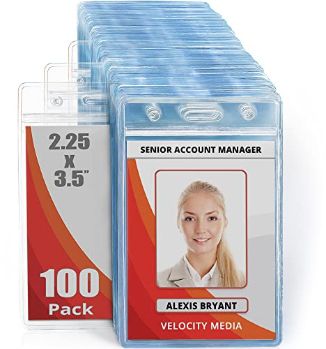 Mifflin-USA Plastic Waterproof ID Badge Holders (Clear, 2.25x3.5 Inch, 100 Pack), Vertical Hanging Name Card Holder with Zipper, Resealable Bulk Nametag Holders