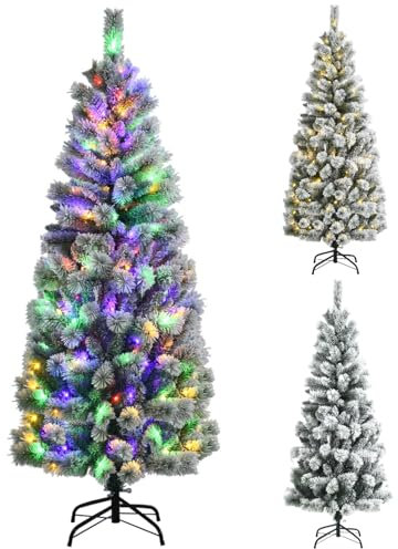 GYMAX 5FT/6FT Pre-lit Snow Flocked Christmas Tree, Hinged Artificial Xmas Tree with 140/200 Multi-Color LED Lights, Branch Tips and Metal Stand, Xmas Full Tree for Home, Office & Store (185cm)