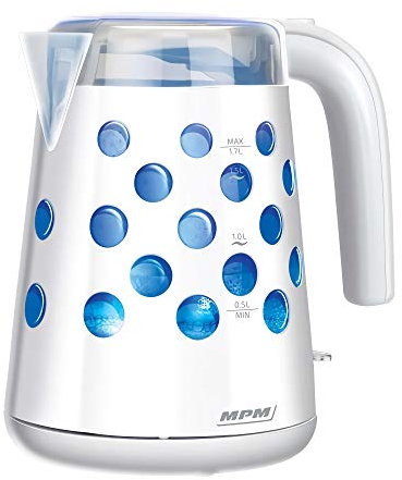 MPM MCZ-86 Elektrischer Wasserkocher 1,7 L, BPA-freier Kunststoffbehälter, Kabellos, Abschaltautomatik, Beleuchteter Innenraum, Weiß, 2200W, Kunststoff