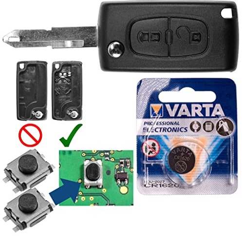 Repair Reparatur Satz Autoschlüssel Funk Fernbedienung Austausch Gehäuse mit 2 Tasten + NE73 Rohling + Batterie kompatibel mit Peugeot Citroen