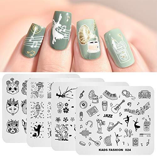 4 stücke Nail Stamping Platte Kit Tier Meerjungfrau Blume Musik Multi-Muster Stamping Schablone Druckbild Nail art Stamper Schaber Nägel Werkzeug