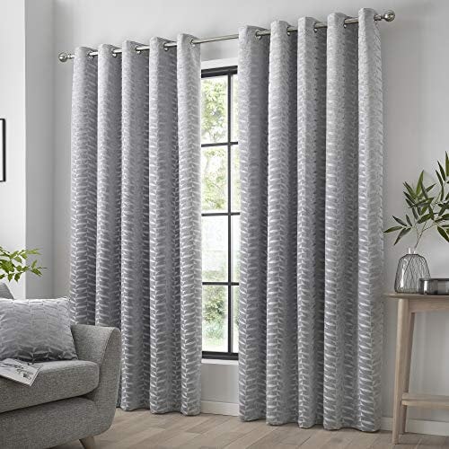 Curtina Silver Geometric Jacquard Curtains W66 x L90 – Eyelet – Thermal Blackout Drapes – 2 Panels – Silver Leaf Window Treatment for Bedroom & Living Room