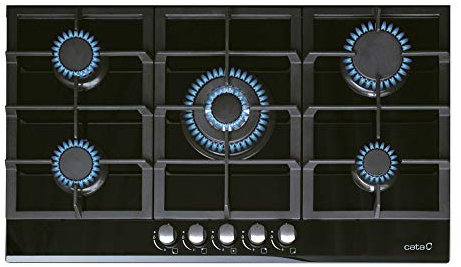 Cata Encimera Placa Gas LCI 9041 BK 5 Quemadores Gas Encendido Electrónico Parrillas Hierro Fundido Preparada Gas Natural Ancho 87 cm Gran Potencia 11kW Inyectores Incluidos Color Negro