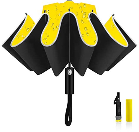 LAMA Paraguas Plegables, Paraguas Invertido Resistente al Viento, Apertura Automática/Cierre Automático, Anti-UV, Compacto, Paraguas de Viaje Portátil con Rayas Reflectantes para sol de Lluvia