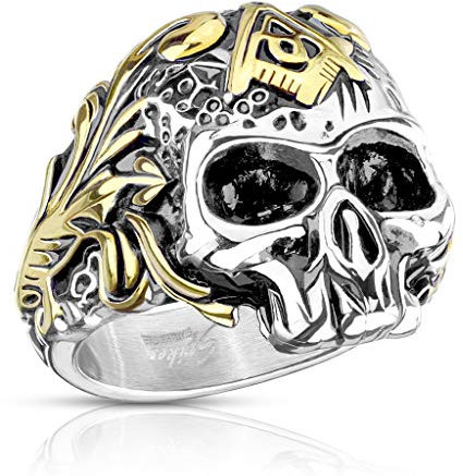 Paula & Fritz® Ring Herren Totenkopf goldene Zeichen 316L Chirurgenstahl Größe 70 (22,3) Silber Biker-Ring Motiv-Ring Damen-Ring Männerring Schädelring