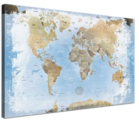 LANA KK Stilvolle Pinnwand Weltkarte - Ice - Deutsch in 120 x 80 cm, stabile Rückwand zum Pinnen inkl. Starterkit - Leinwand-Kunstdruck Wandbild Landkarte XXL
