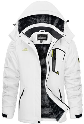 KEFITEVD Skijacke Damen Winddicht Warm Funktionsjacke mit Zip Taschen Fleece Thermojacke Warm Softshelljacke für Snowboarden Weiß S