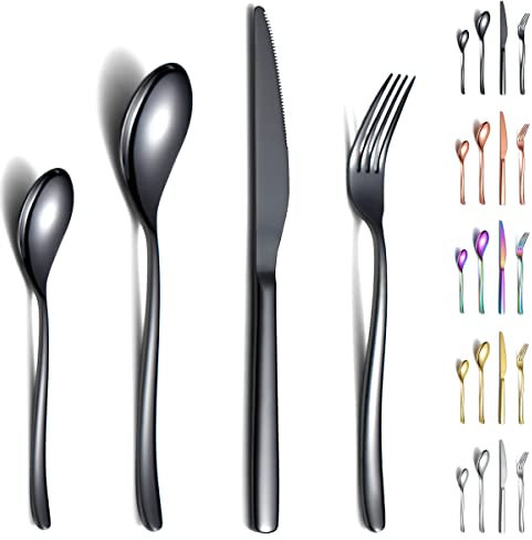 Berglander Ensemble de couverts noirs 24 pièces, fourchettes et cuillères en acier inoxydable robuste plaqué titane noir Ensemble d'ustensiles résistant à la rouille, lavable au lave-vaisselle