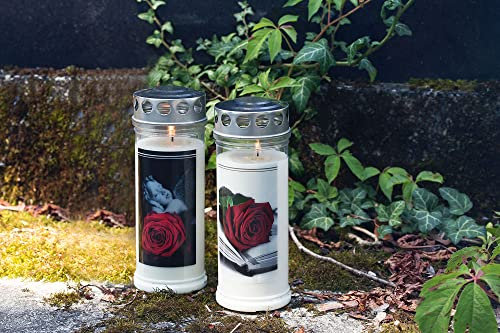 Wochenbrenner - Motiv Grabkerze mit Deckel - Gedenkkerze - Grablaterne mit Motiv - Motiv Grableuchte - Grablicht mit langer Brenndauer von bis zu 7 Tagen (Motiv: Herz, 24)