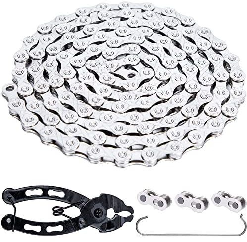 YBEKI 6/7/8/9/10/11 Speed Carbon Steel Bike Chain with Full Silver Plating, 116 Links, 3 Extra Master Links & Chain Tool - Compatible with Shimano/SRAM Mountain, Road (11 Speed, Silver, 1)