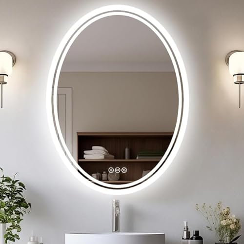 LUVODI Badspiegel mit Beleuchtung Oval: 50x70 cm ovaler Spiegel mit Hintergrundbeleuchtung, 3 Touchschalter, Dimmbar 3 Lichtfarbe, Nebelfrei Memory-Funktion Wandspiegel IP65 Wasserdicht