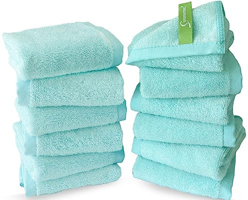 SUMMERMIA Bambus-Waschlappen, 33 x 33 cm, weiche Waschlappen für Ihr Gesicht, Waschlappen für Ihren Körper, Blaugrün, 12 Stück
