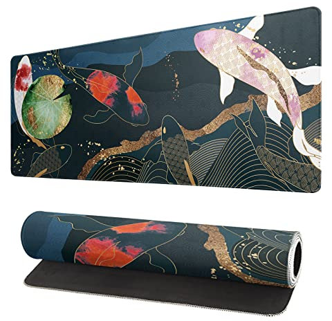 Japanisches Gaming-Mauspad XL – erweitertes großes Mauspad, Schreibtischunterlage, genähte Kanten, Mauspad, 3 mm dick, lang, rutschfest, Gummiunterseite, 80 x 20 cm – Koi Fish Art