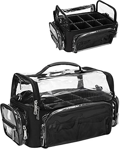 Relavel Makeup Pinseltasche – Extra Großer, Professioneller Makeup Pinsel Halter, Makeup Künstler Reisekoffer Transparente wasserdichte Kosmetik Organizer Tasche mit Verstellbarem Riemen Trennwänden