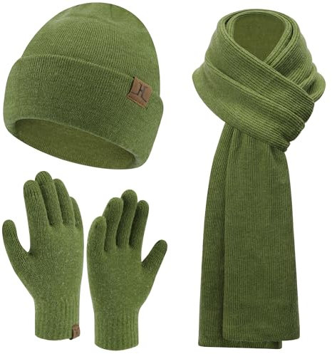 Herren Damen Winter Warm Beanie Mütze Lang Schal Touchscreen Handschuhe Set, Gerippte Strickmütze Wintermütze Schals Winterhandschuhe Geschenk Männer Weihnachten, Olivgrün