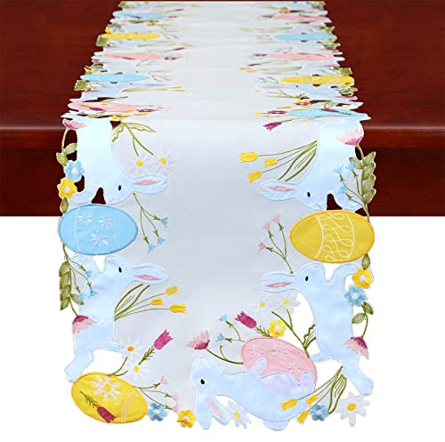 Simhomsen Tischläufer mit bunten Eiern und Hasen, Bestickt, für Ostern, Feiertage oder Frühling, 35,6 x 271,8 cm
