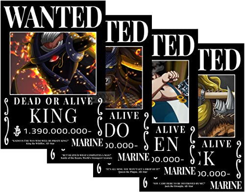 4in1 One Piece Anime Beast Pirates [Black Style] Wanted Poster, Kaido King Queen Jack | 4er Set DIN A3 (297 x 420 mm) Matt