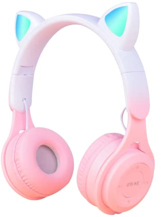 Cat Ear LED Light Kids Headphone, Wireless Kids Headset with Microphone | Bluetooth 5.0, Stereo Sound, Adjustable Headband, Foldable Headset for School/Tablet, Gradient Pink