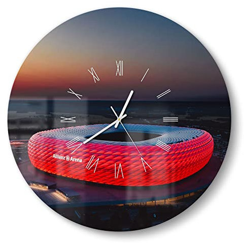 DEQORI Glasuhr | rund Ø 50 cm | Motiv Allianz Arena, München | große XXL Design Uhr aus Glas | leise Wanduhr für Wohnzimmer & Küche | moderne Hingucker Uhr für die Wand