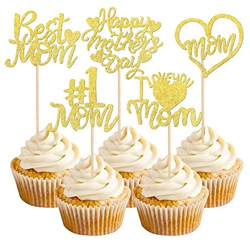 30 Stück Happy Mother's Day Cupcake-Topper Glitzer Liebe Herz #1 Mom Best Mom Cupcake Picks für Happy Mother's Day Thema Frauen Geburtstag Party Kuchen Dekorationen Zubehör Gold
