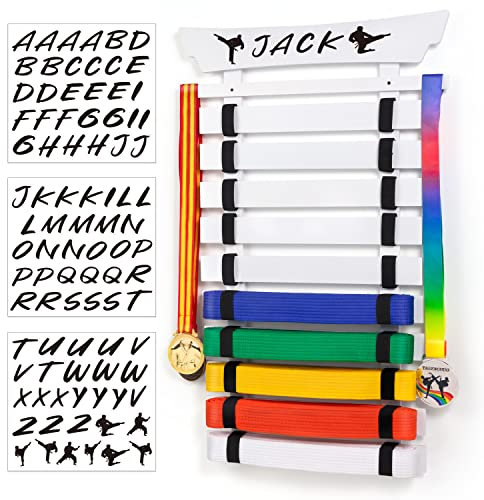 Winartton 10 Belts Karate Belt Display Rack, Martial Arts Belt Display with Personalized Stickers, White Taekwondo Belt Display Holder for BJJ, Jiu Jitsu, No Assemble Required