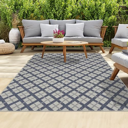 homeart Outdoor Teppiche | leicht zu reinigende Teppiche für Veranda, Deck, Balkon, Garten, Picknick, Küche, Flur | UV- und wetterbeständig, großer Terrassenteppich, D. Blau Creme, 80 x 150 cm