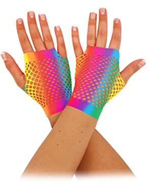 HENBRANDT Regenbogen-Fischnetz-Handschuhe, kurz, fingerlos, LGBTQ+, Pride, Zubehör, Handgelenklänge, dehnbares Netzgewebe, Neonhandschuhe, 80er-, 90er-Jahre Zubehör für Damen, regenbogenfarben, One