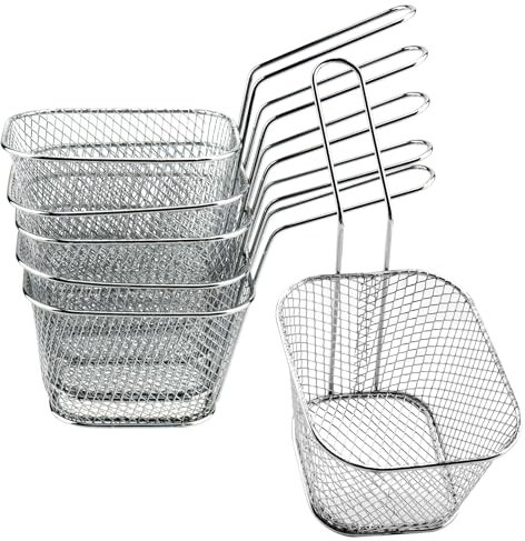 ZEONHEI 6 Stück Pommes Körbchen Mini Edelstahl Frittierkörbe Pommes Frites Korb Frittierkorb Klein Pommes Servierkörbchen mit Griff, zum Servieren für Pommes Frites Garnelen Zwiebelringen