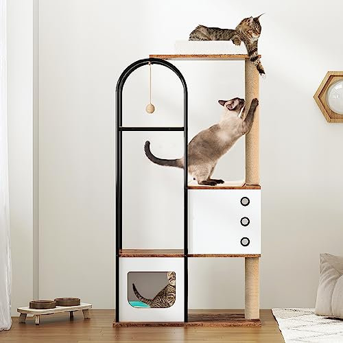 soges Armario para gatos de estilo industrial con torre para gatos, árbol para gatos, árbol para gatos, casa de madera.