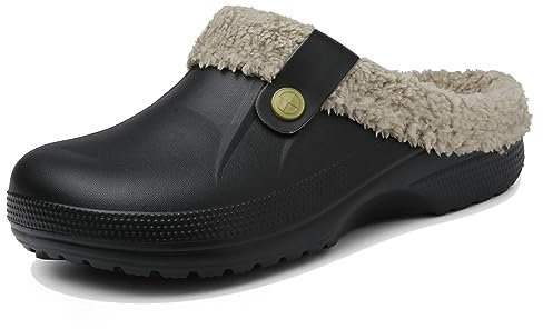 Meik Mangni Clogs Gefüttert Damen Herren Winter Gartenclogs mit Fell Warm Hausschuhe Frauen Geschlossen Pantoffeln rutschfeste Plüsch Pantoletten,Schwarz grau Gr.39-40 EU
