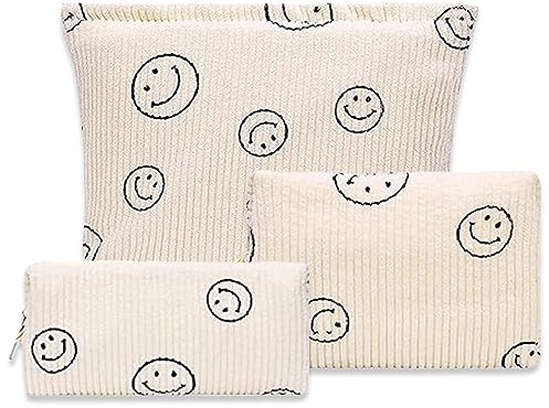 3 Stück Kordsamt-Kosmetiktasche, Kulturtasche Waschtasche mit Lächeln-Gesicht, Lächelndes-Gesicht Damen Kosmetiktasche, Tragbare Cosmetic Organizer für Damen Mädchen Beige